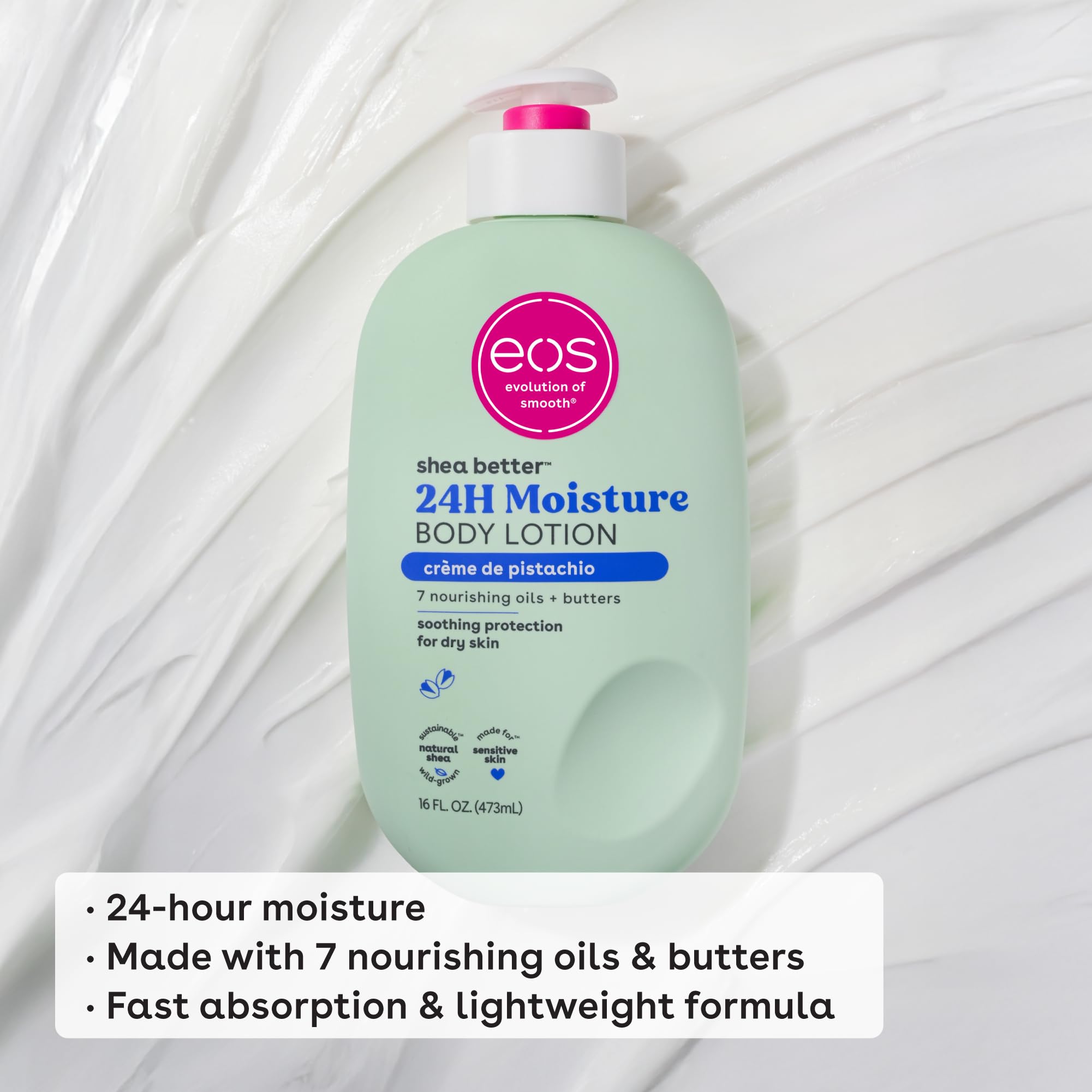 eos Shea Better Body Lotion- Crème de Pistachio, 24-Hour Moisture Skin Care, Lightweight & Non-Greasy, Made with Natural Shea, Vegan, 16 fl oz