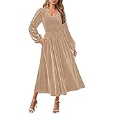 ZESICA Women's Velvet Midi Dress 2026 Casual V Neck Long Sleeve Solid Color Elastic High Waist Flowy Evening Party Dresses