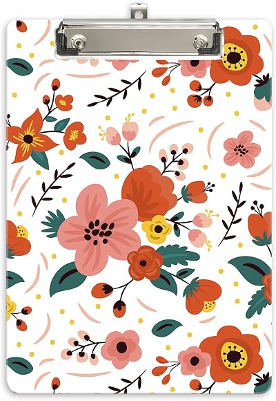 Hnogri A4 Clipboard Red Flowers Low Profile Clip High-Gloss PP Plastic
