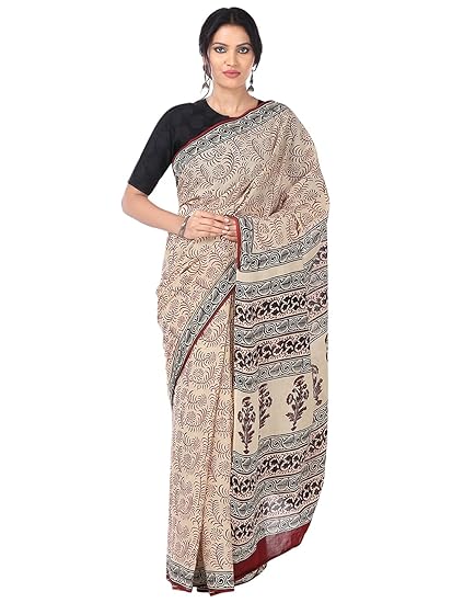 Finest Quality Cotton - Handmade Black and Red Bagh Print - Block Print Saree with Blouse Piece