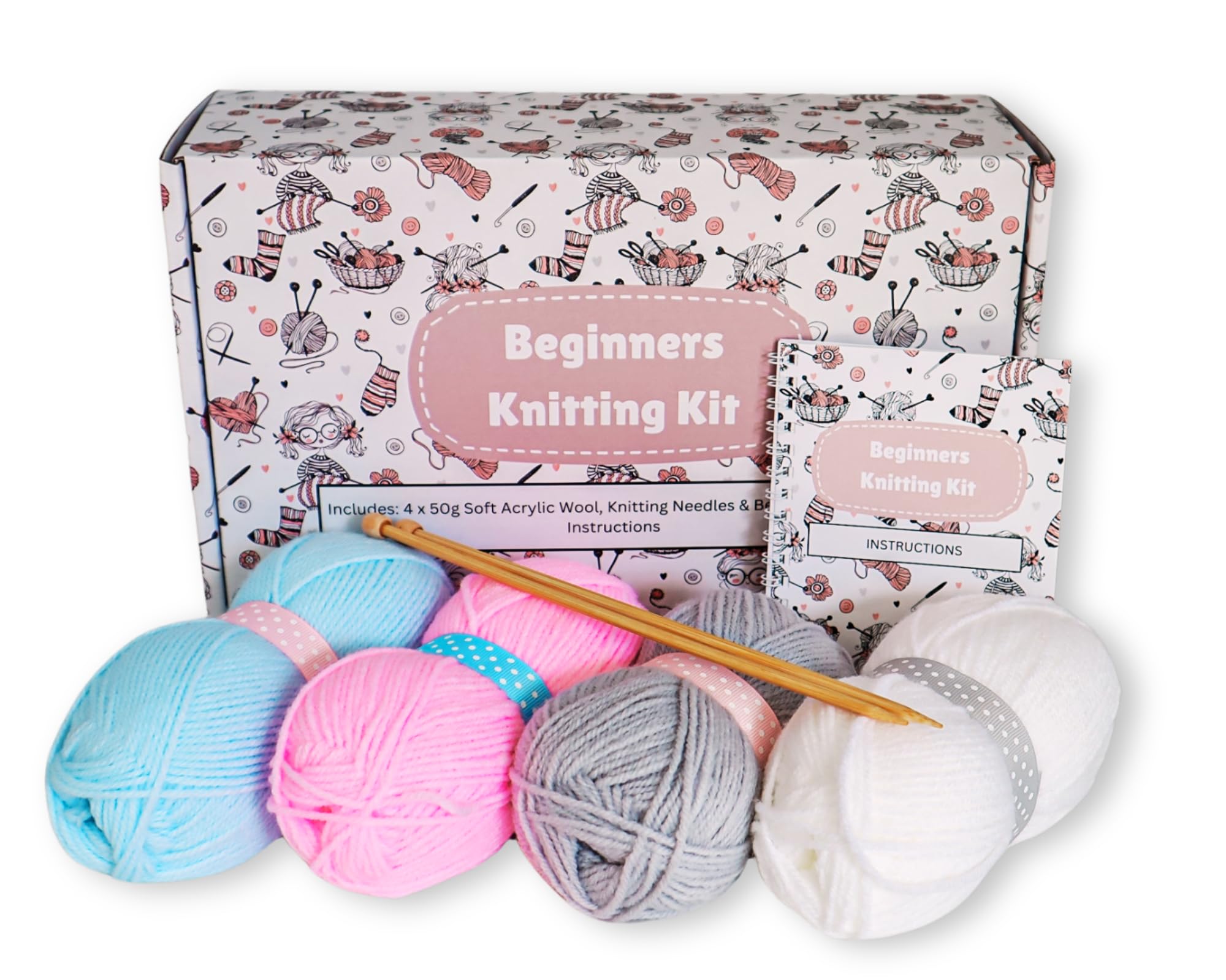 Beginners Knitting Kit - Learn to Knit with Acrylic Yarn and Bamboo Needles - Craft Kit - Perfect Knitting Gift Set