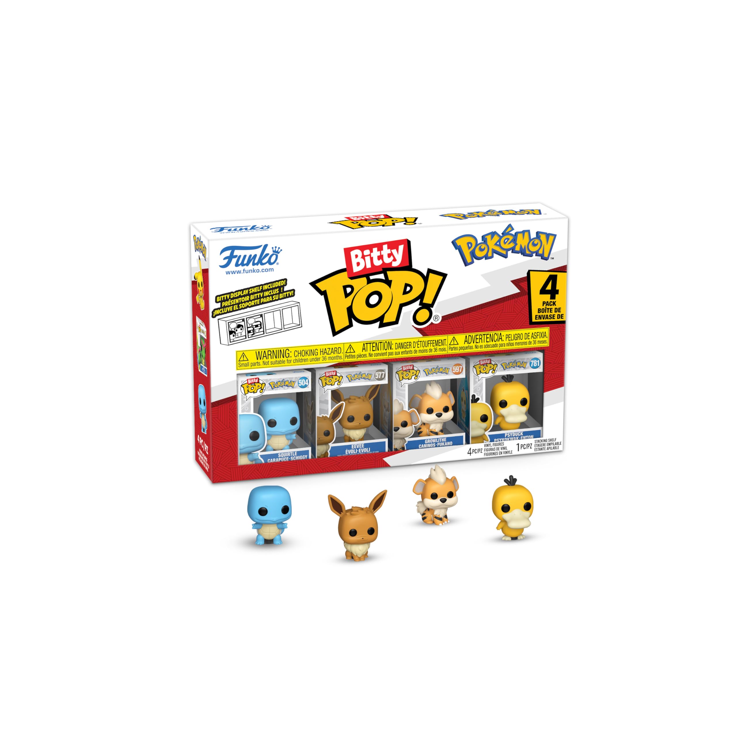 Funko Pop! Bitty: Pokemon - Squirtle, Eevee, Growlithe, and Psyduck - 0.9 Inch (2.2 Cm) Collectable - Stackable Display Shelf Included - Gift Idea - Party Bags Stocking