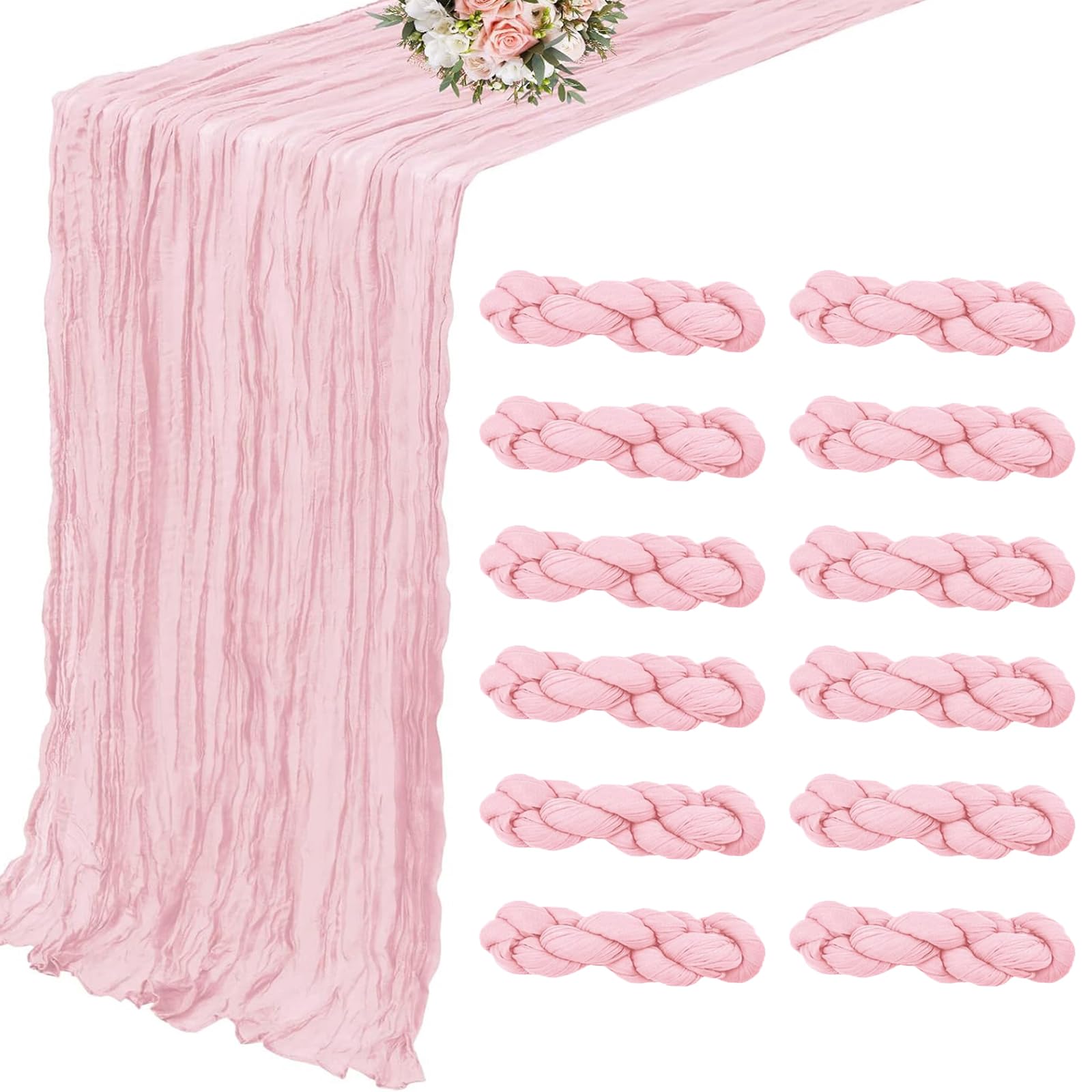 Photo 1 of 12 Pack Light Pink Table Runner, 10FT Pink Cheesecloth Table Runner Gauze Boho Cheesecloth Table Runners for Party Wedding Baby Shower Bridal Table Decor