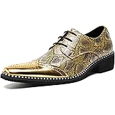 Men's Leather Snakeskin Lace-Up Dress Oxford Shoes with Chunky Heel Metal Pointed Toe Lightweight Soft Derby Shoes for Formal Weddings Parties Formal Events Club