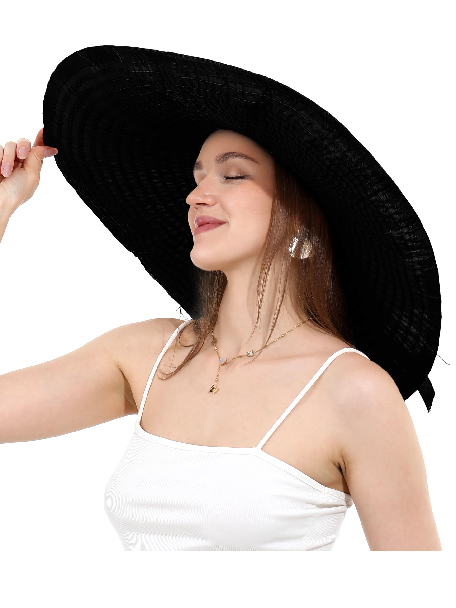 Photo 1 of Womens Wide Brim Sun Hat UV Protection Extra Large Floppy Cap Foldable Oversized Beach Hats for Summer UPF 50+(Black)