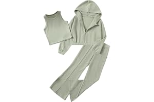 Floerns Girls Long Sleeve Hoodie Tank Split Flare Pants Set Three Piece Outfit
