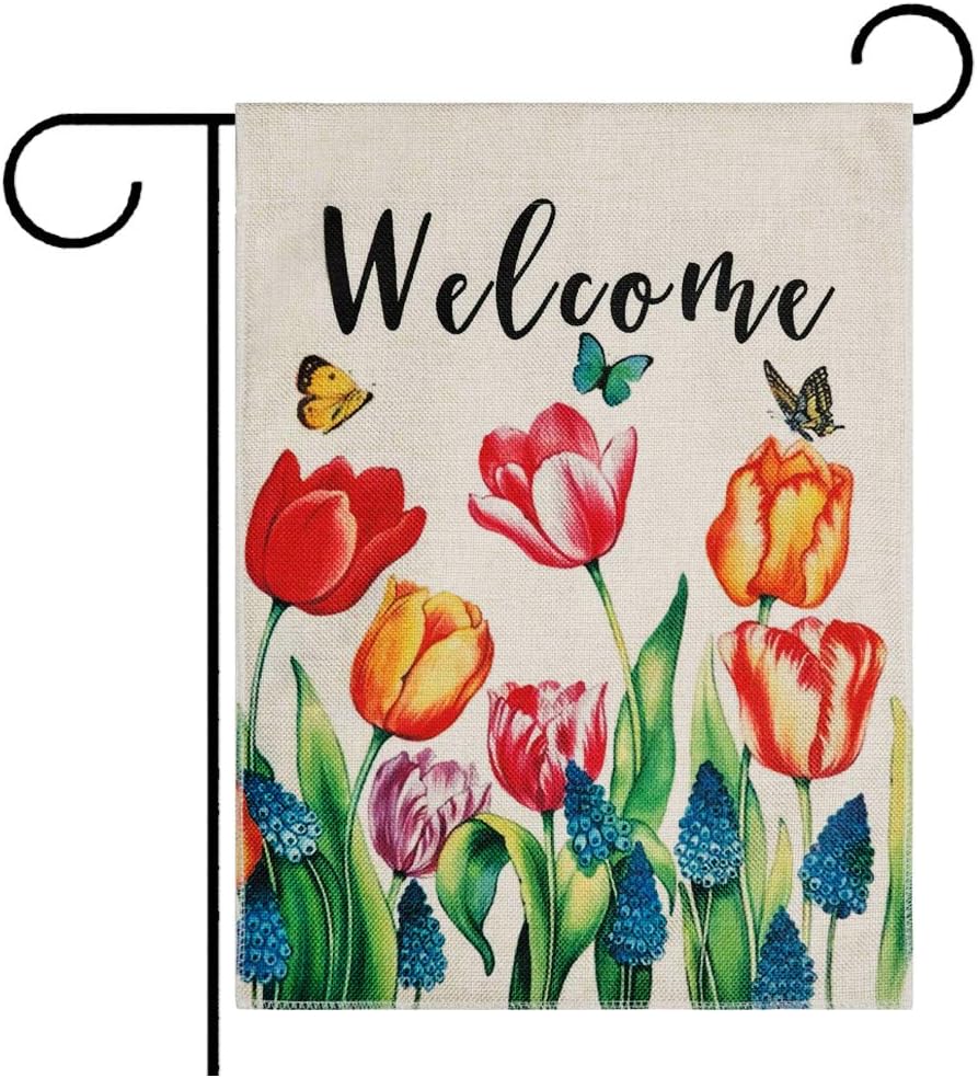 DOLOPL Summer Welcome Garden Flag 12.5x18 Inch Double Sided Decorative Tulips Butterfly Small Yard Garden Flags for Outside Summer Outdoor Decorations