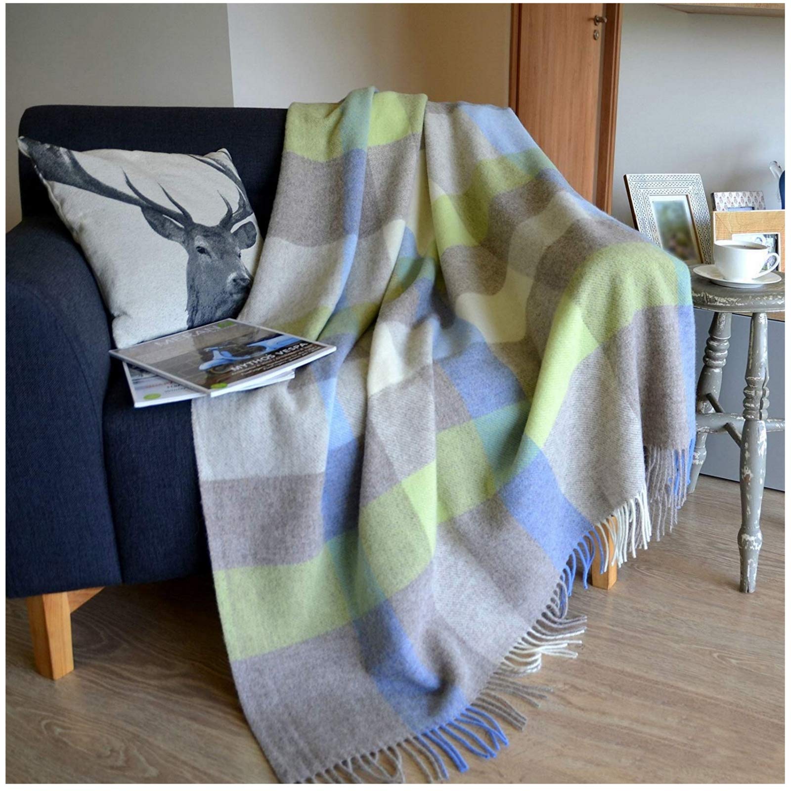 Linen & Cotton Warm Checked Wool Throw/Blanket Devon - 100% Pure New Zealand Wool, Green/Blue/Beige (140 x 200cm) Knee Plaid For Sofa Bed Couch Settee Armchair Bedspread Single Double Lambswool