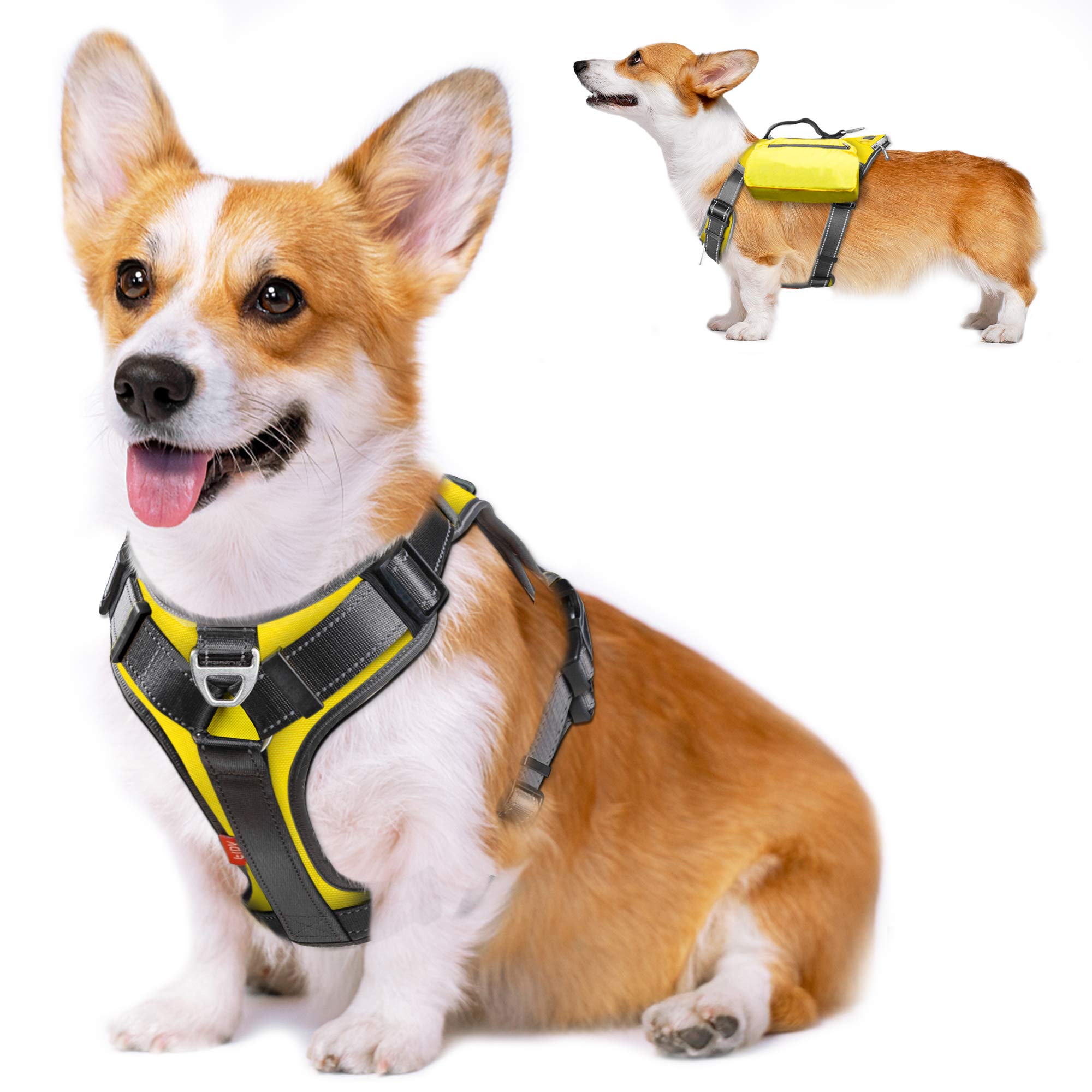Fida Anti Pull Dog Harness with Saddlebag, Heavy Duty Dog harness for Travel Camping Hiking (yellow, medium)