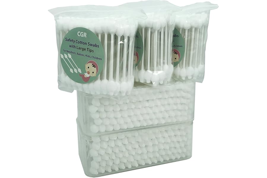 400pcs CGR Baby Safety Cotton Swabs with Large Tips for Newborn, Babies, Kids, Children, 100% Organic Cotton, White Paper Sticks, 5 Pack of 80 Swabs Total(2 Boxes and 3 Bags)