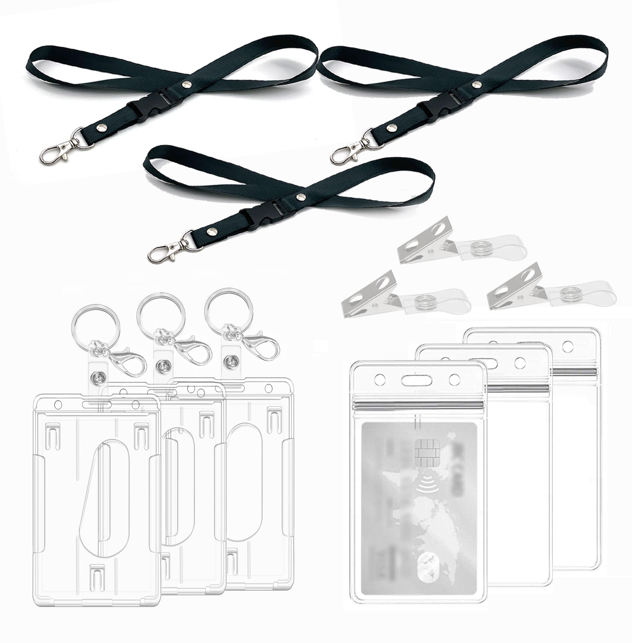 ID Card Holders with Lanyard,Keychains,Clips, Hard Clear Badge Holder, for ID Card Holder Office,School, ID Credit Cards,ID Clip,Pass Holder (3 Set Vertical)
