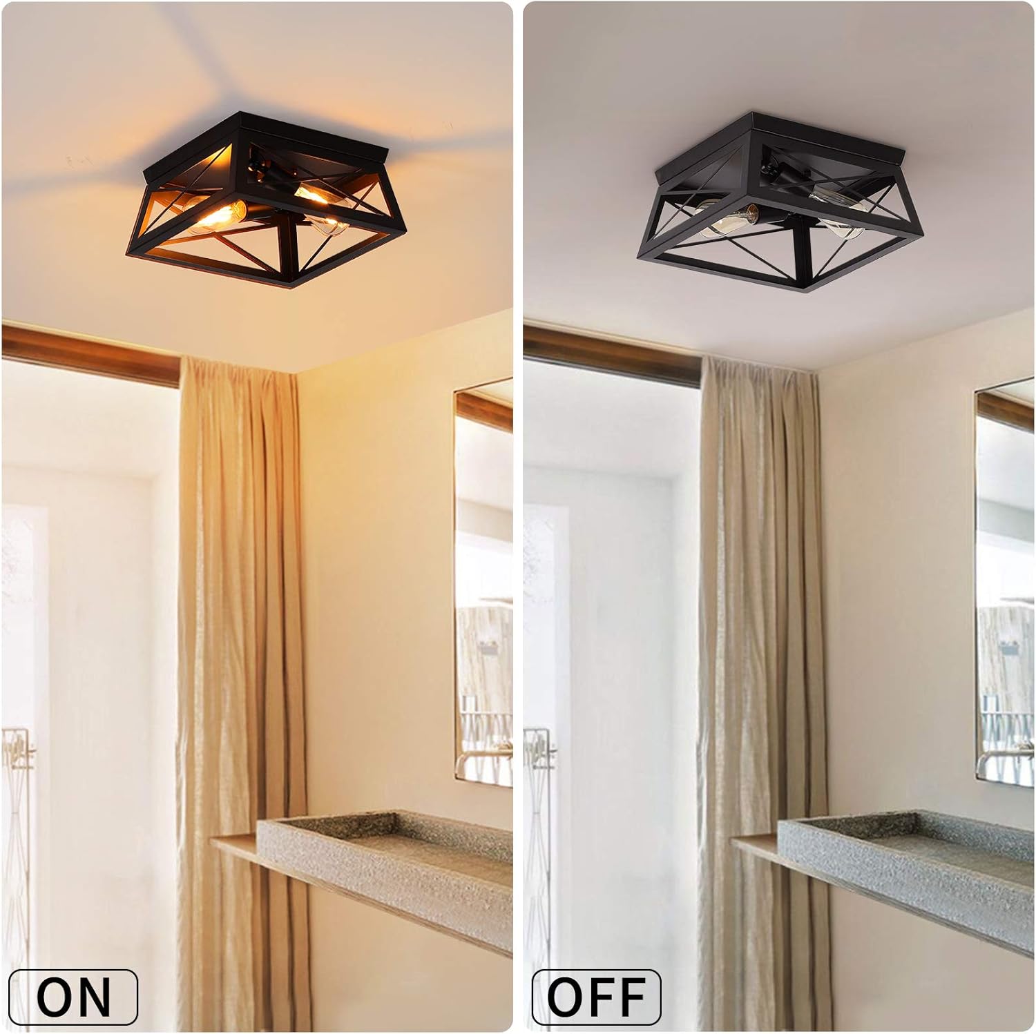 Industrial Farmhouse Ceiling Light Fixture Square Hallway Flush Mount Ceiling Lights for Kitchen Laundry Room 2-Lights, Black - - 