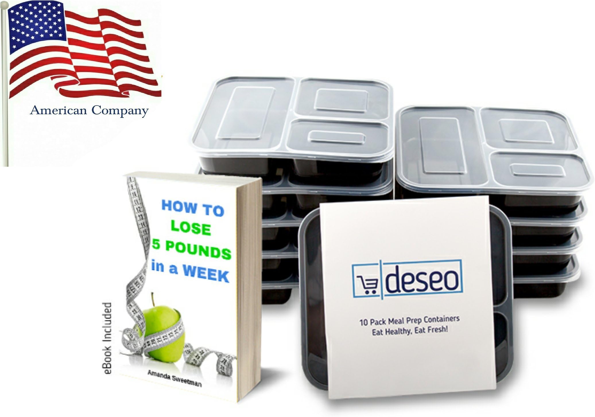Quality 3 Compartment Reusable Food Storage Meal Prep Container with Lids Set of 10, Certified BPA FREE, Leak Resistant, Microwave- Freezer and Dishwasher Safe, Bento Box With Free eBook