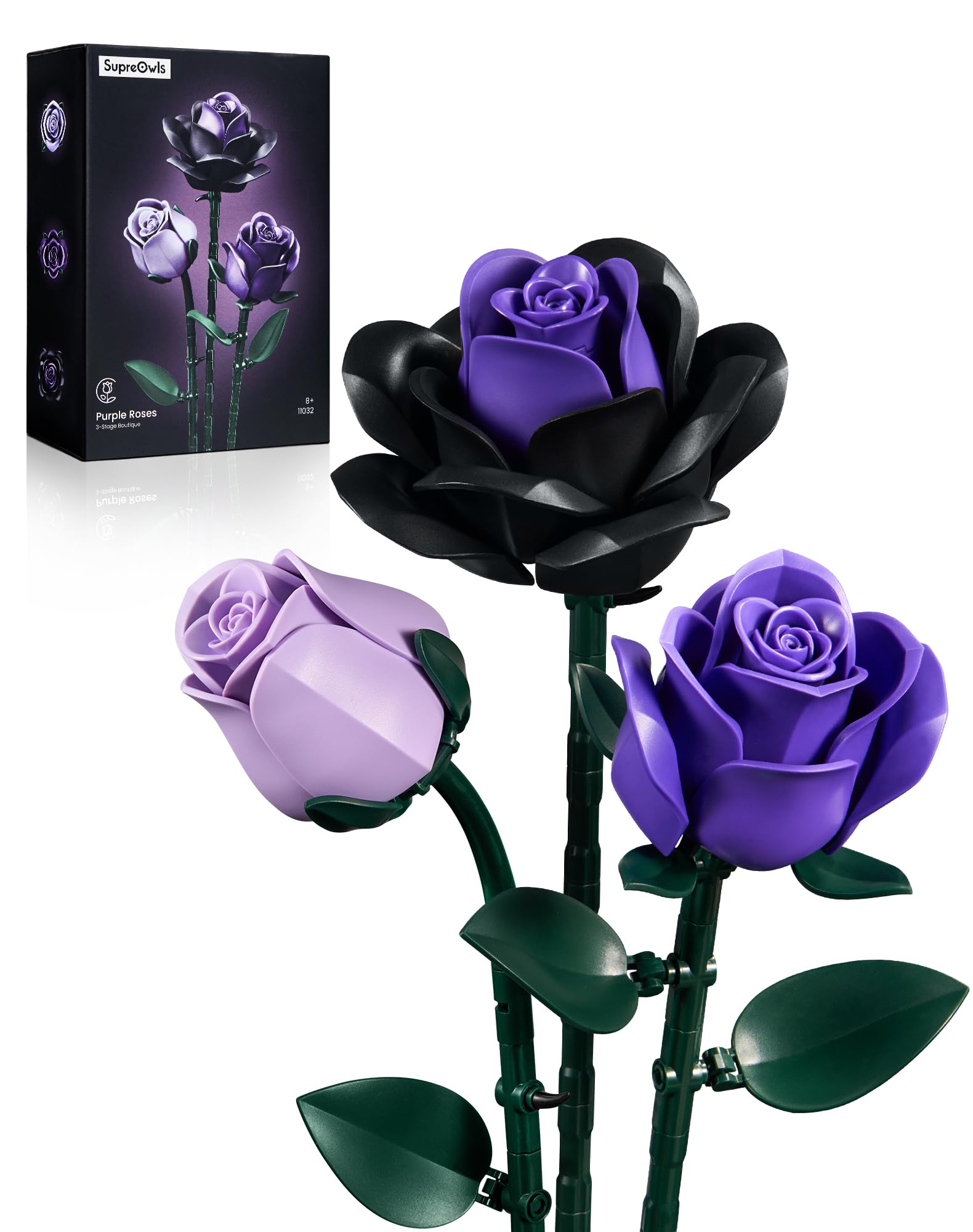 iATOM Purple Roses Flower Building Set - 3Pack, Gift for Valentine's Day for Her/Mom/Girlfriend/Wife/Couple, Vintage Retro Artificial Flowers Botanical Collection Home Decor Aesthetic
