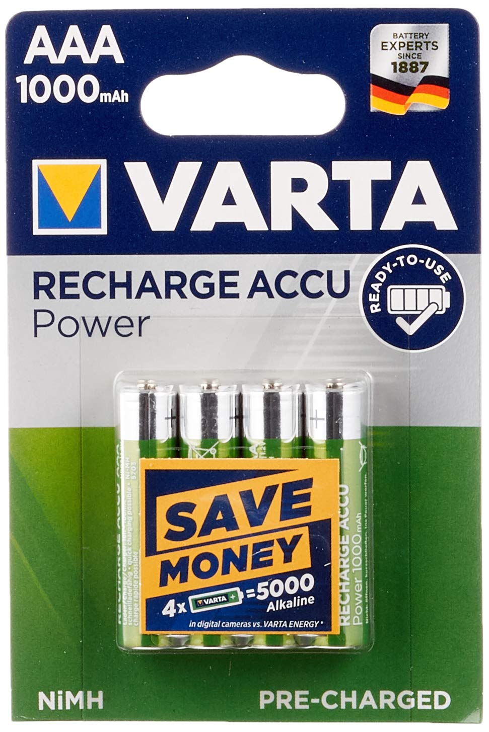 Varta 43471 Ready to Use AAA (Micro)/HR03 (5703) - 1000 mAh, Blister - LSD-NiMH Akku (Ready-to-Use), 1,2 V , 5er pack (5 x 40 Stück)