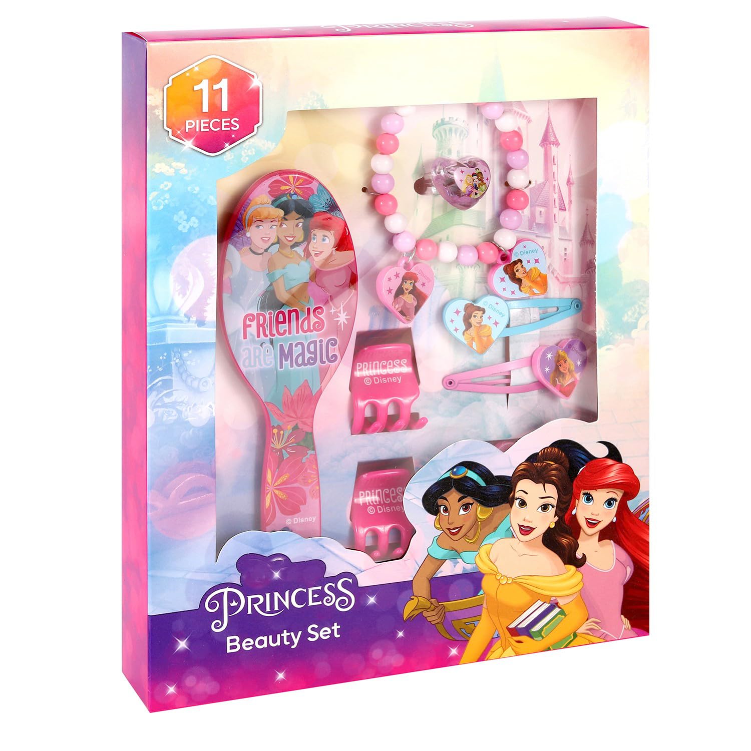 Princess Hair & Jewellery Beauty Set for Girls – 11-Piece Kids Brush, Bracelet, Rings, Hair Clips & Elastics Gift Set in Presentation Box – Pretend Play Accessories for Children Age 3+