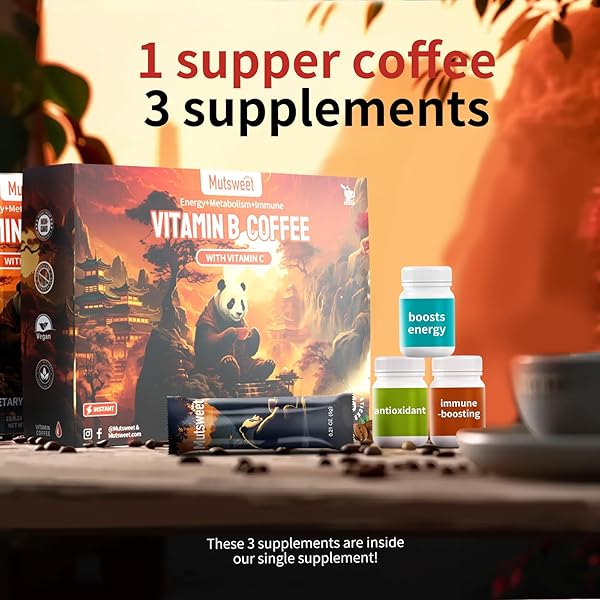 MUTSWEET SUPER INSTANT COFFEE PACKETS, MIXED WITH VITAMIN B COMPLEX AND VITAMIN C – IMMUNE HEALTH, ENERGY SUPPORT & NERVOUS SYSTEM SUPPORT, METABOLISM – NON-GMO, VEGAN, GLUTEN FREE, 15 SINGLE SERVINGS