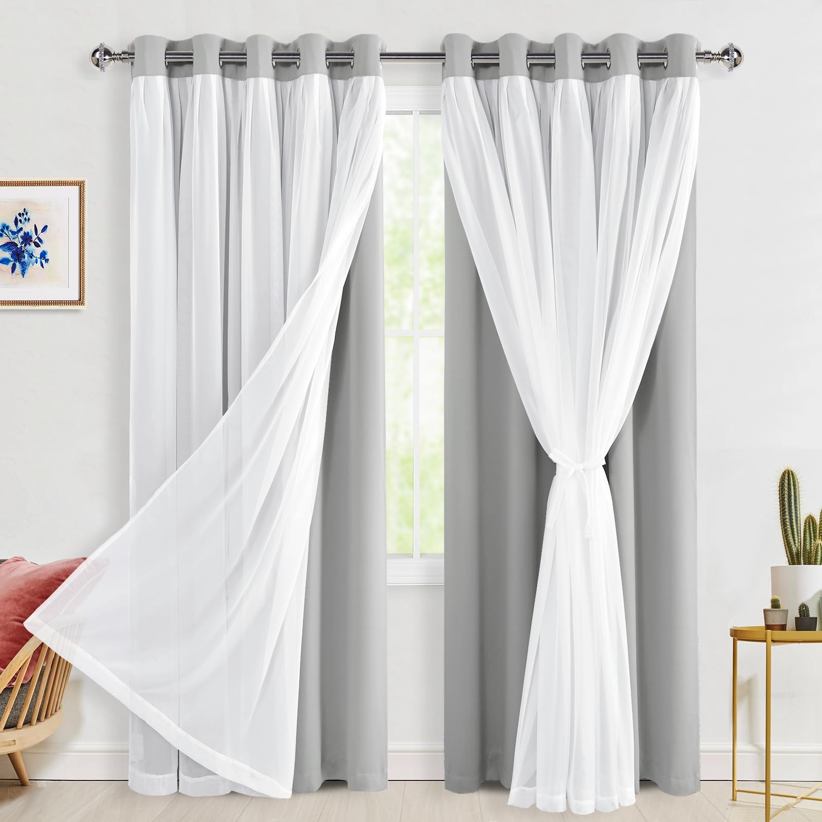 Hiasan Silver Grey Blackout Curtains with Sheer 84 Inches Long, Thermal Insulated Double Layer Room Darkening Curtains for Bedroom, Living Room, 2 Window Drape Panels with Tiebacks, 60W X 84L Image