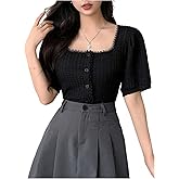 SweatyRocks Women's Button Down Blouses Puff Short Sleeve Square Neck Dressy Shirts