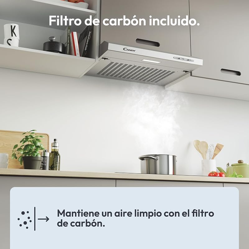 Exaustor candy cft610/5s/1, fixado na parede, 60 cm, 3 níveis de potência, 209m3/h, filtros de carbono, painel de alumínio antigordura, iluminação led, 71 db, classe c, aço inoxidável, cinzento