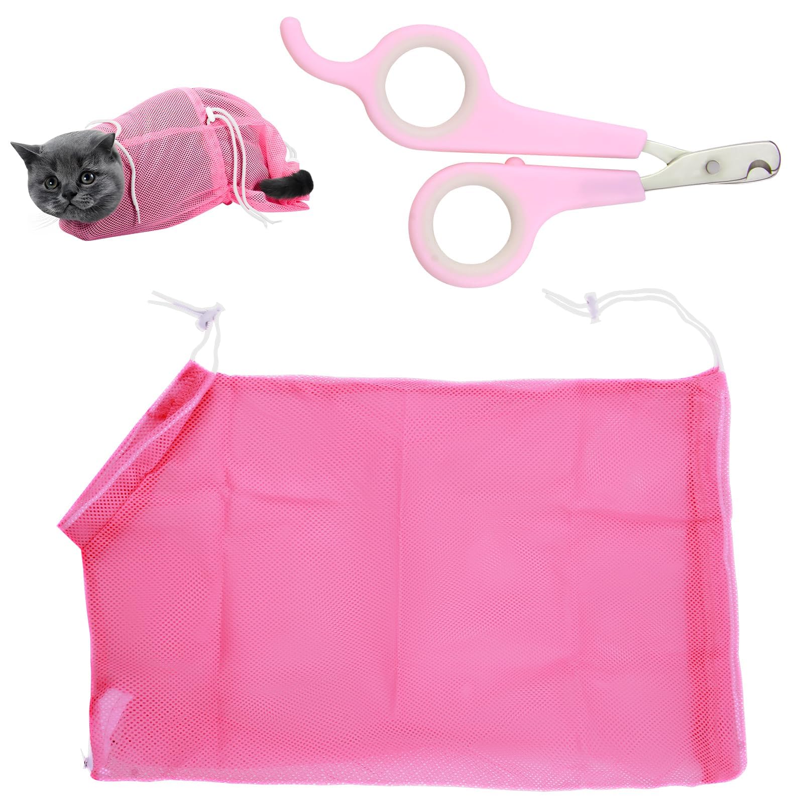 Cat Bath Bag Cat Bathing Bag and Pet Nail Scissors Kit - Anti Bite Anti Scratch Cat Grooming Mesh Bag, Multifunctional Restraint for Small Medium Cats Dogs Showering Nail Clipping Ear Clean (Pink)