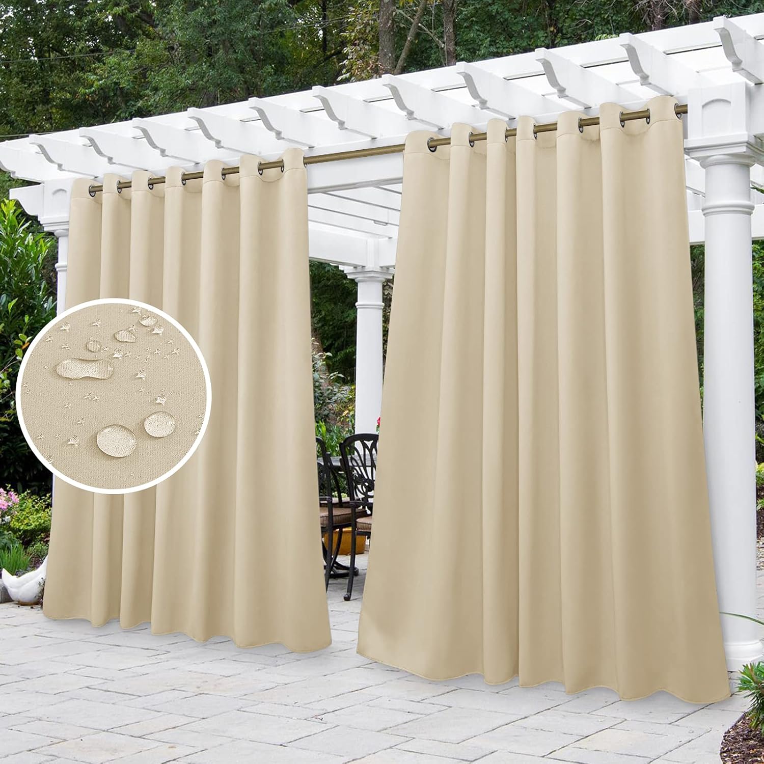 Outdoor Curtains - HOMEIDEAS 2 Panels Beige Outdoor Curtains for Patio Waterproof Extra Wide, 100 X 96 Inch Blackout Outdoor Curtains, Thermal Insulated Outdoor Patio Curtains for Porch/Pergola/Arbor/Pool/Yard
