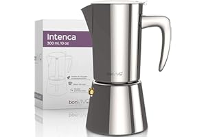 bonVIVO Intenca Stovetop Espresso Maker - Luxurious, Stainless Steel Italian Coffee Maker for Camping or Home Use - Makes 6 Cups of Full-Bodied Coffee - Chrome, 10oz