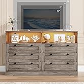 GarveeLife Grey Dresser for Bedroom with 6 Drawers, Large Wooden Bedroom Dressers with Power Outlet and Led Lights, 55 in Wide TV Dresser, Wood Modern 6 Drawers Dressers & Chests of Drawers for Room