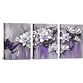 FuShvre Purple Flower Paintings Canvas Wall Art Magnolia Pictures Purple and Grey Floral Wall Decor for Home Bathroom Accents 12x16inchx3pcs