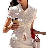 Women Y2k Button Down Babydoll Shirt Plaid/Solid Lace Trim Short Sleeve Tight Blouse Collared Slim Fit Preppy Top