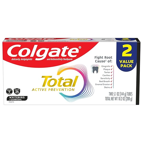 COLGATE TOTAL WHITENING + CHARCOAL TOOTHPASTE, MINT TOOTHPASTE, 5.1 OZ TUBE, 2 PACK