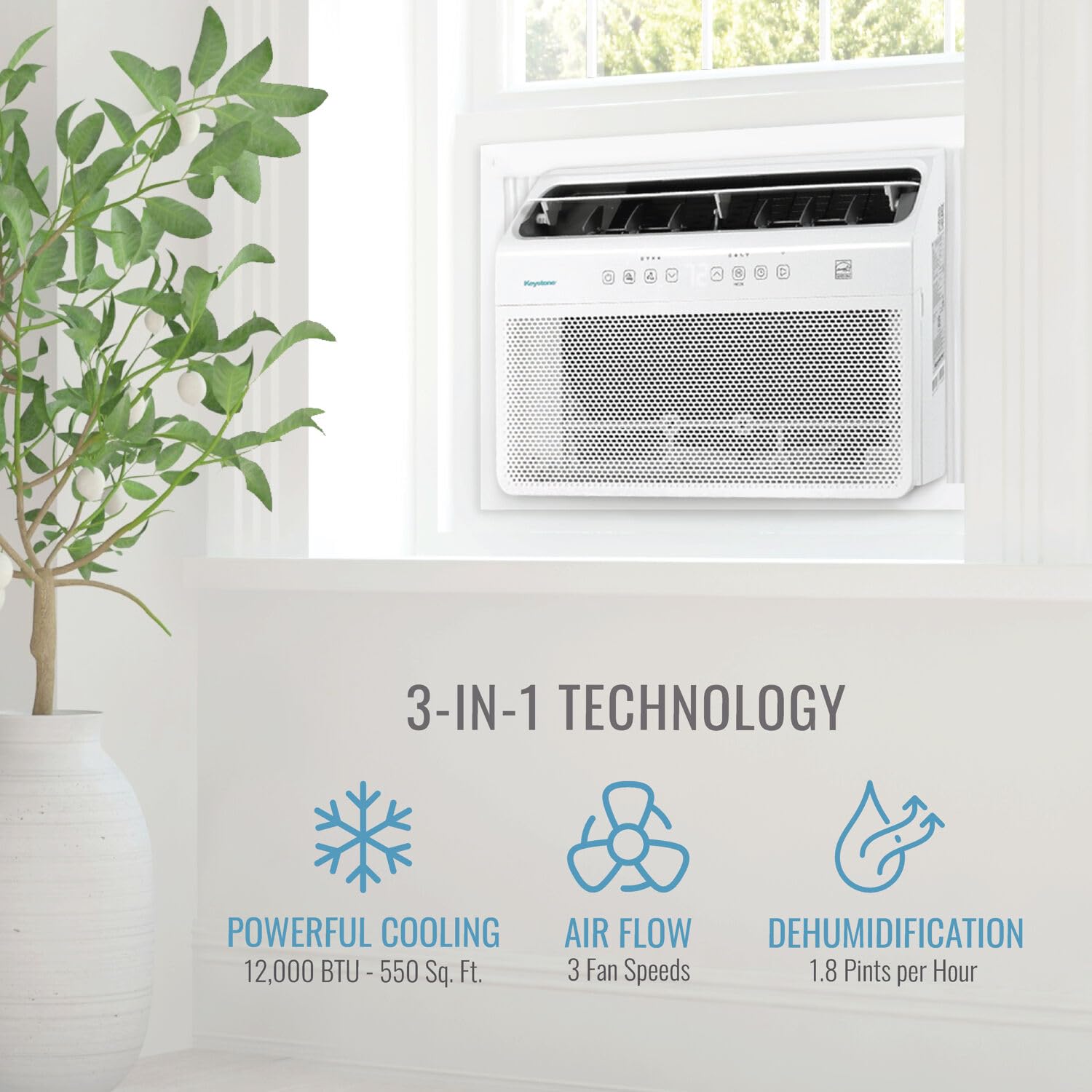 Keystone Energy Star 12,000 BTU Window Mounted Inverter Air Conditioner with Quiet, High Efficiency Operation and Remote, Window AC Unit for Apartment, Living Room, Medium-Large Rooms up to 550-Sq.Ft.