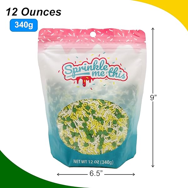 ST. PAT’S LUCK | GREEN SHAMROCK SPRINKLES W/WHITE AND YELLOW DECORETTES | 12 OZ RESEALABLE STAND UP BAG | ST. PATRICK’S DAY THEMED SPRINKLE BLEND | CAKE DECORATING SPRINKLES