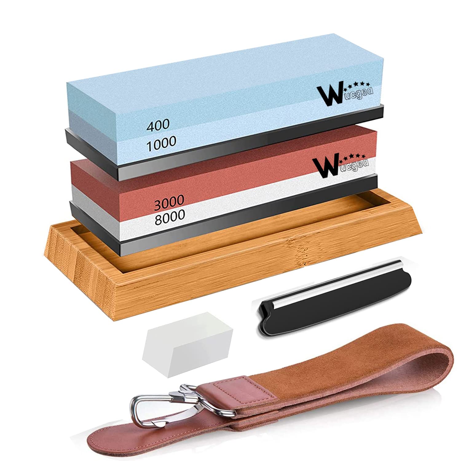 Photo 1 of Wucgea Knife Sharpening Stone Kit - 400/1000 3000/8000 Grit Japanese Whetstone Sharpener set with Non-slip Rubber Base Angle Guide Flattening stone and Leather Strop…
