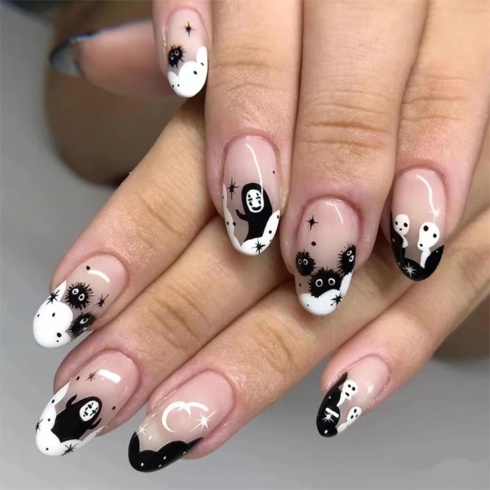 24PCS Halloween Press on Nails Medium French Tip Fake Nails with Ghost Design Cute Cosplay False Nails Glossy And Full Cover Acrylic Nails for Women and Girls
