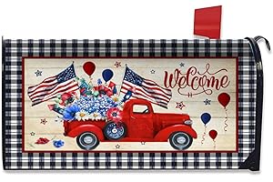 GRANBEY July 4Th Independence Day Mailbox Cover Magnetic Standard Size 18x21 Inch USA Patriotic American Flag Mailbox Cover Welcome Red Truck Mailbox Wraps Post Letter Box Cover for Home Garden Yard Decor