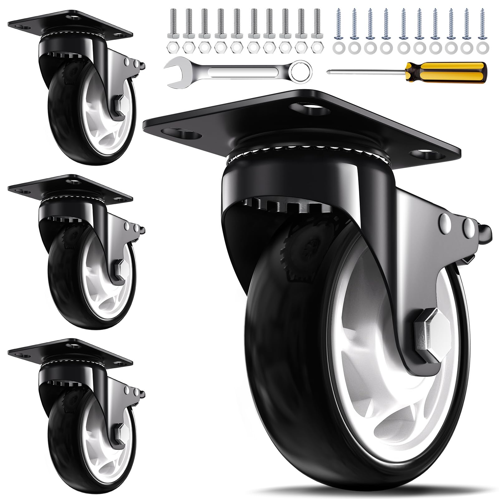 Photo 1 of Caster Wheels, 4 Inch Heavy Duty Casters, 2400lbs Capacity (Set of 4) - Industrial Swivel Wheels with Dual-Locking Brakes, Silent & Non-Marking for Workbenches, Carts, Furniture
