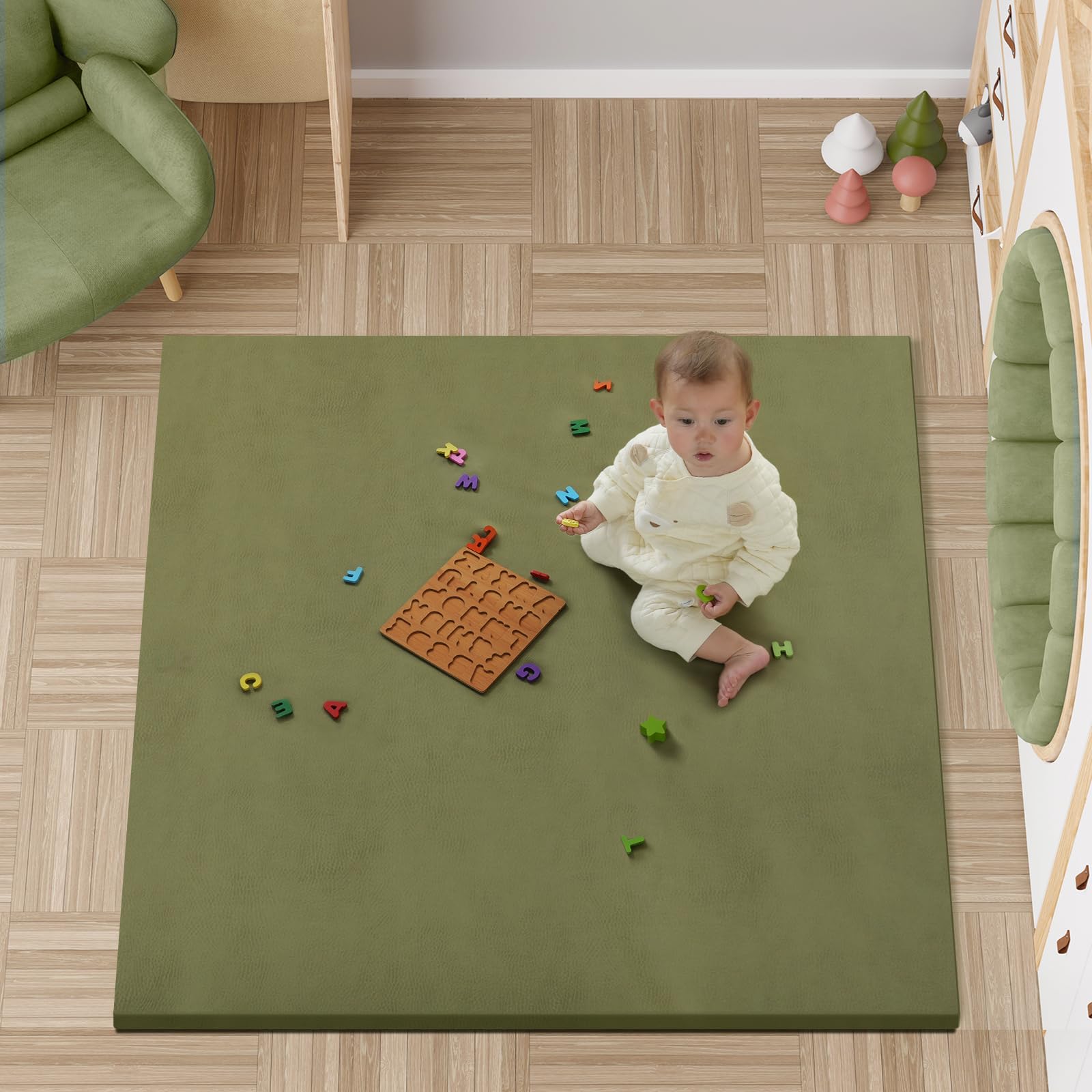 Photo 1 of Vegan Leather Baby Play Mat, Wipe-Clean Play Mat for Floor, 50x50 in Thicken Foam Cushioned & Waterproof Playpen Mats for Infants, Kids and Toddlers, Green (Memory Foam)
