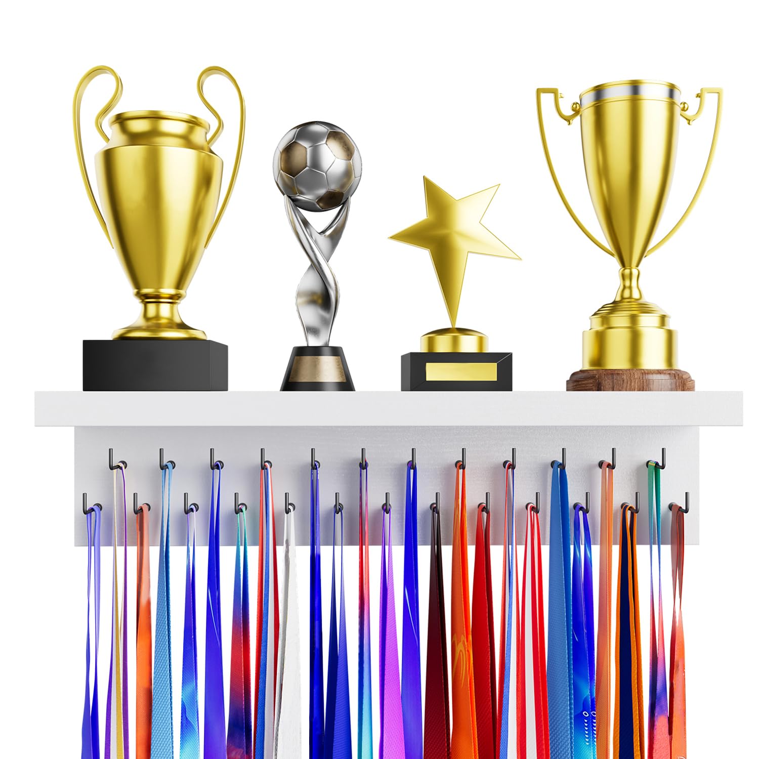 DSVENROLY Medal Holder Display Trophy Shelf Organizer, Sturdy Wooden Race Award Hanger Rack with 25 Steel Hooks, Wall Mount Storage Stand for Sports Fans, Cheer Success, White, Black Pegs