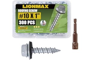 LIONMAX 300-PCS Metal Roofing Screws #10 × 1 Inch, Rustproof Coating Hex Head Sheet Metal to Wood Siding Screw with Rubber Washer, Sharp Point, Hex Socket Included