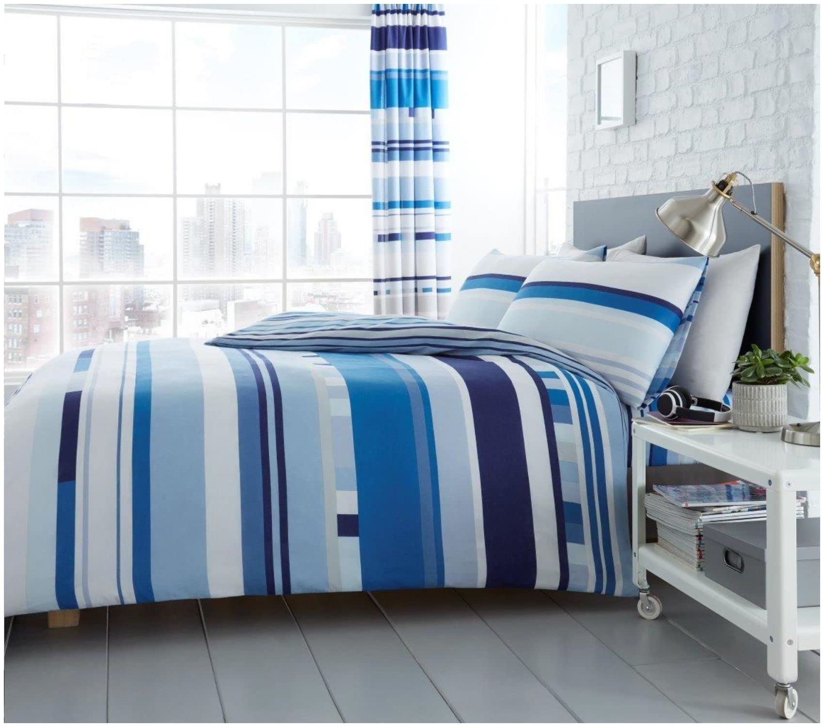 Gaveno Cavailia Luxurious CHESTER STRIPE Bed Set with Duvet Cover and Pillow Cases, Polyester-Cotton, Blue, Double