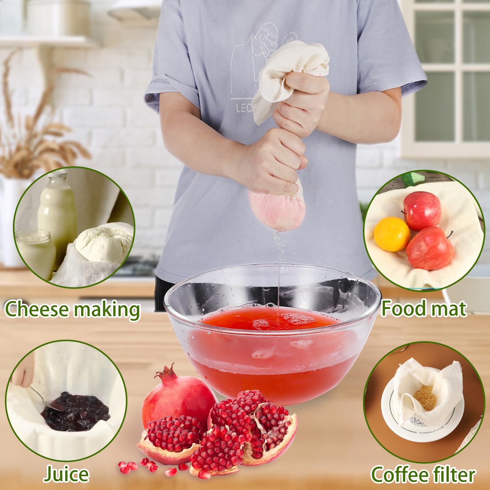 4 Stück Passiertuch, 50 x 50 cm Käsetuch Waschbares Mulltuch, Ungebleichte Dichtegrad 100 Cheesecloth Wiederverwendbar zum Sieben von Saft Käse Tee Nussmilch Suppe Joghurt Tofu 6
