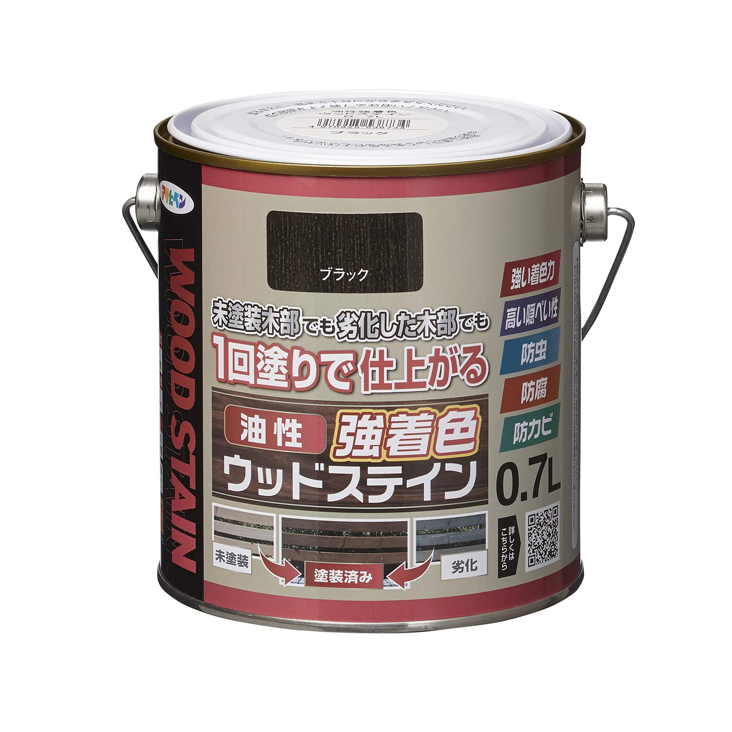 アサヒペン 塗料 ペンキ 油性強着色ウッドステイン 0.7L ブラック 油性 木部用 1回塗り 塗りやすい 日光や雨に強い 耐候性 はっ水 美しく保つ 木部保護 防カビ 防虫 防腐 高い隠ぺい性 時短 経済的 ステイン仕上げ 劣化した木部もきれいに仕上がる 塗り替え 日本製商品画像