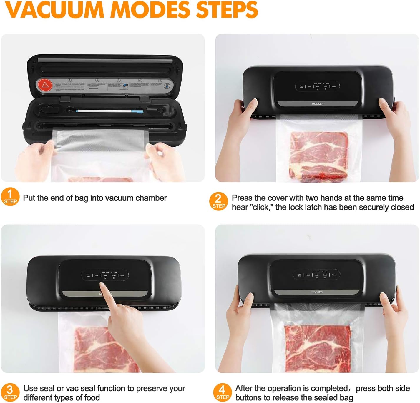 Vacuum Sealer Machine for Food- Automatic Food Sealer for Food Savers w/Starter Kit with 25 Pcs Vacuum Bags, Compact Design with Dry & Moist Food Modes and Led Indicator Lights, Free Your Hands and Easy to Clean（Black）: Kitchen & Dining