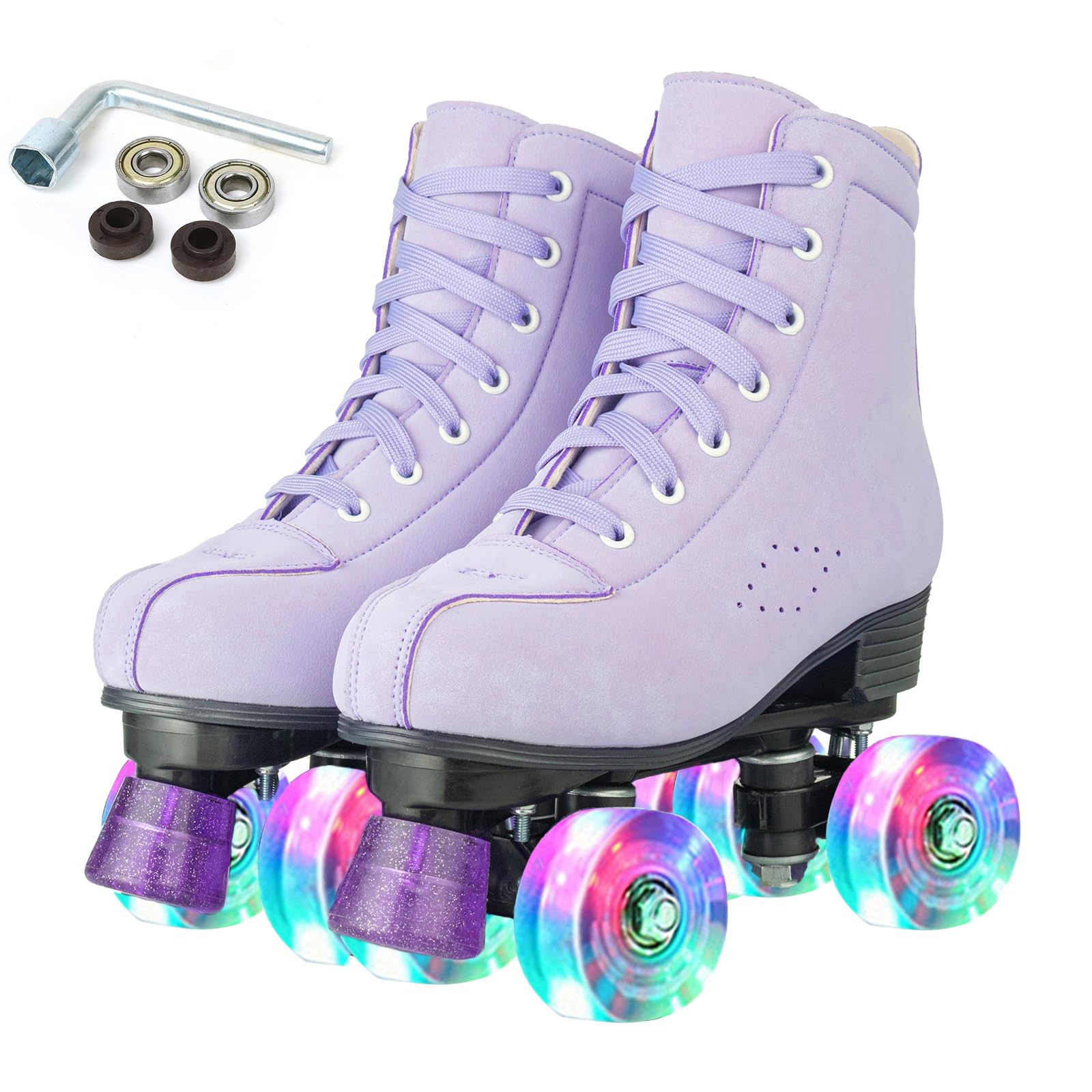 Photo 1 of Gets Roller Skates Women Outdoor High-top Adult Roller Derby Skates Wheels Light Up Roller Skates Double Row Quad Skates for Men Girls Unisex (Light Purple Flashing Wheel,38)