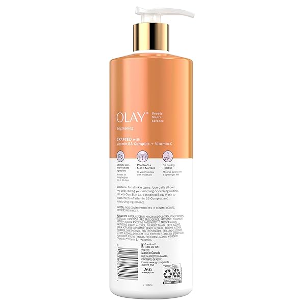 OLAY BODY LOTION FOR WOMEN, BRIGHTENING WITH VITAMIN C SERUM, VISIBLY BRIGHT & RADIANT SKIN, 24HR MOISTURE & HYDRATION, FAST ABSORBING FORMULA, VITAMIN B3 COMPLEX, FOR ALL SKIN TYPES, 17 FL OZ