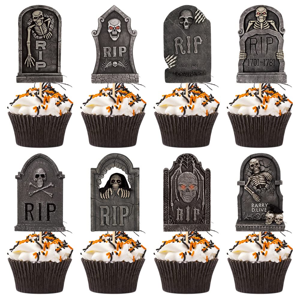 24 Pcs Halloween Tombstone Cupcake Toppers Horrible Tombstones Graveyard Cake Picks Scary Cupcake Decoration for Halloween Themed Party Supplies