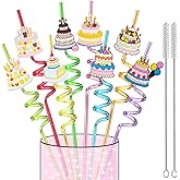 LEDUO 24Pcs Reusable Birthday Drinking Straws-Birthday Party Decorations Supplies Gift Favors -Swirly Straws for Kids-Glitter Cake Straw Drink Straw-Colorful Crazy Silly Plastic Straws+2 Clean Brushes