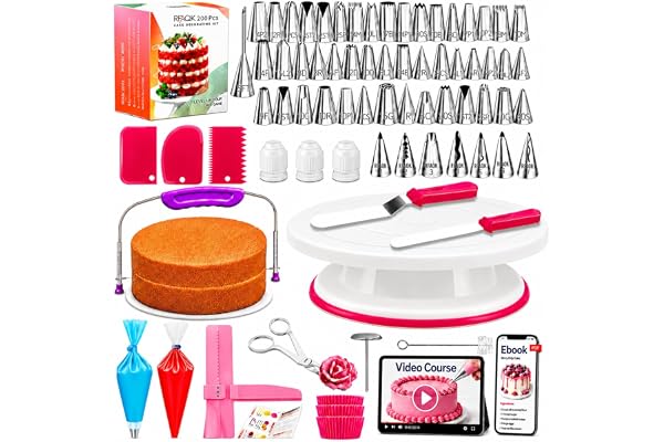 RFAQK 200 PCs Cake Decorating Kit with Cake Turntable-48 Numbered Easy to use Icing Tips-7 Korean Tips with Booklet & E.Book-