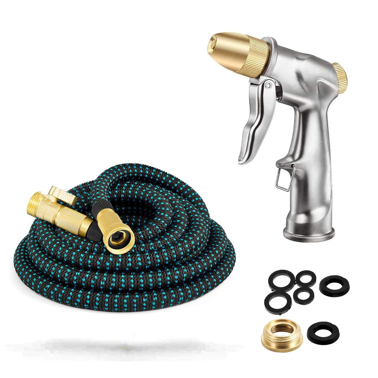 Meiyijia Expandable Hose 25FT, Brass Fittings Stepless adjustable Metal Spray Gun, Triple-layer Latex Inner Tube Hose, Include shut-off valve, The Ultimate No-Kink Flexible Water Hose